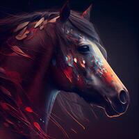 caballo cabeza con sangre salpicaduras en un negro antecedentes. 3d representación, ai generativo imagen foto