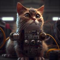 Cute cat playing with a movie camera. 3D rendering., Image photo