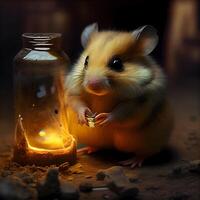 Hamster with a bottle of oil on a dark background. 3d rendering, Image photo