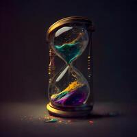 Hourglass with colorful sand on black background. Concept of time passing, Ai Generative Image photo