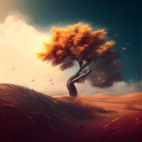 Tree in the desert at sunset. 3D illustration. Toned., Image photo