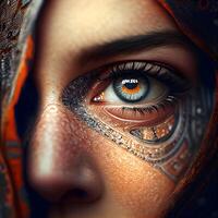 Close up of beautiful female eye with indian ornament. 3D rendering., Image photo