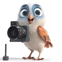 3D illustration of a cute cartoon owl with a camera on a white background, Image photo