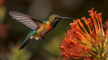 el hermosa en peligro de extinción de color herrumbre colibrí - selasforo rufus - generativo ai. foto