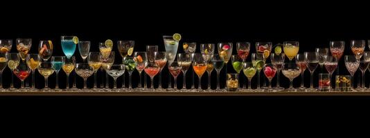 Seamless Tileable Row of Cocktail Glasses on a Black Background - . Seamlessly expandable on both ends to your desired length. photo