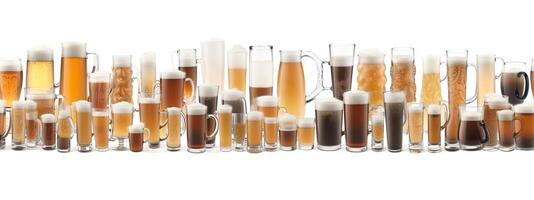 Seamless Tileable Rows of Glasses and Mugs of Beer on a White Background - . Seamlessly expandable on both ends to your desired length. photo