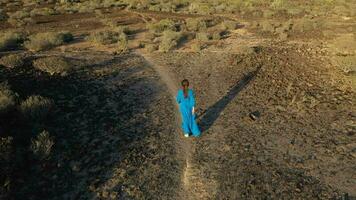 Top view of woman in a beautiful blue dress walking throuht the nature reserve. Sparse vegetation, rocky soil, arid climate. Tenerife, Canary Islands, Spain video