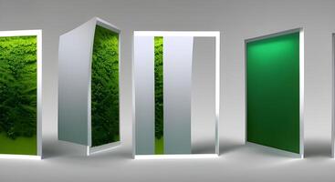 3D render beautiful white podium templates with natural green leaves plant content photo