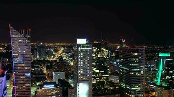 Aerial hyper lapse of Warsaw business center at night video