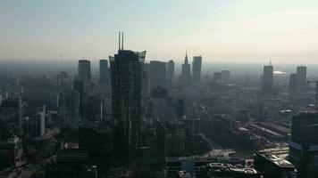 Aerial hyper lapse of Warsaw business center at night video