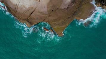 oben Aussicht von das Wüste Strand auf das atlantisch Ozean. Küste von das Insel von Teneriffa. Antenne Drohne Aufnahmen von Meer Wellen erreichen Ufer video