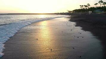 Aerial view of surface of the Atlantic Ocean with reflection of sunlight at sunset video