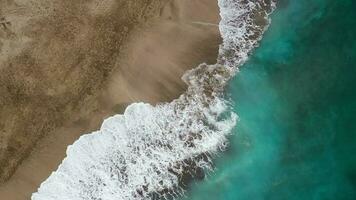 superiore Visualizza di il deserto spiaggia su il atlantico oceano. costa di il isola di tenerife. aereo fuco metraggio di mare onde raggiungendo riva video