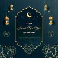 Happy Islamic New Year Muharram with lantern and Islamic ornament illustration vector