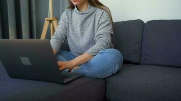 donna seduta su un' accogliente divano e Lavorando su un' il computer portatile. concetto di a distanza opera. casa ufficio video