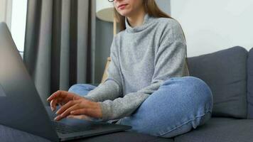 donna seduta su un' accogliente divano e Lavorando su un' il computer portatile. concetto di a distanza opera. casa ufficio video