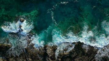 Haut vue de une déserté côte. rocheux rive de le île de tenerife. aérien drone métrage de mer vagues atteindre rive video