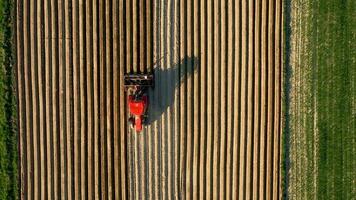 Aerial view of tractor performs seeding on the field video