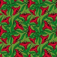 seamless asymmetric graphic pattern of red flowers on a green background, texter, design photo