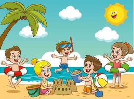 niños niños tomar el sol nadar en el mar a verano para niños acampar en mar playa costa. pequeño chico son jugando con pelota. el niños en el playa son edificio un arena castillo. vector