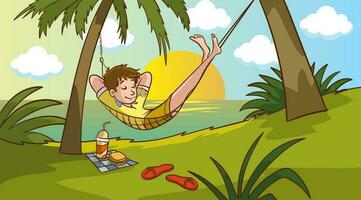 A young man on the beach relaxing and drinking cocktail under the heat of the sun with two coconut tree. A flat cartoon style with colorful palette. Hello summer. Holidays sea vacation on resort vector