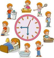 Daily routine with simple clocks.Vector set with kid. Funny cartoon character. Vector illustration. isolated on white background