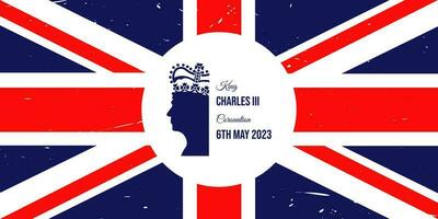 London, May 6, 2023. This vector illustration depicts the coronation of King Charles III, featuring a silhouette of King Charles III wearing a crown and text with the date of the coronation on the UK