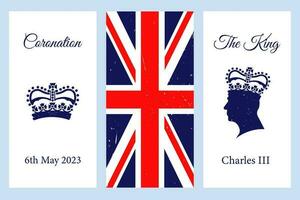 London - May 6, 2023 - Vector illustration featuring the coronation of King Charles III, with silhouettes of King Charles III wearing a crown, a map, the Great Britain flag.