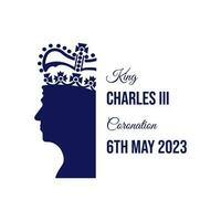 London - May 6, 2023 - Vector illustration depicting the coronation of King Charles III, with the silhouettes of King Charles III in the crown and the inscription with the date of the coronation.