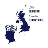 London - May 6, 2023 - Vector illustration depicting the coronation of King Charles III, with the silhouettes of King Charles III in the crown, the flag of Great Britain and date coronation