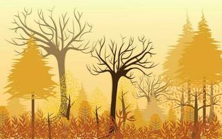 Big tree and grass that is dry in the forest With fallen leaves in the autumn season. vector