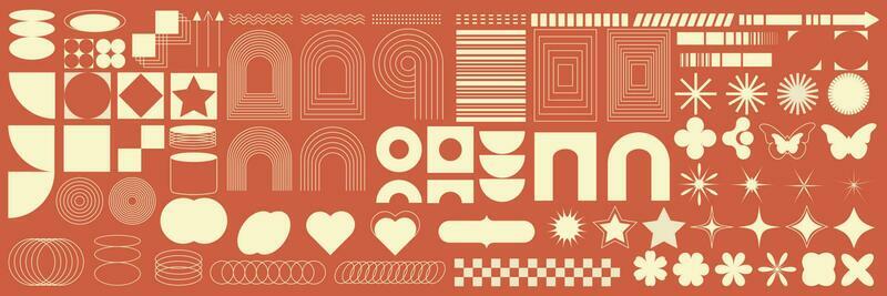 Retro futuristic brutal design elements. Collection of abstract geometric shapes and elements in 2000 style. Templates for design, social networks, posters, banners, stickers, business cards, logos.