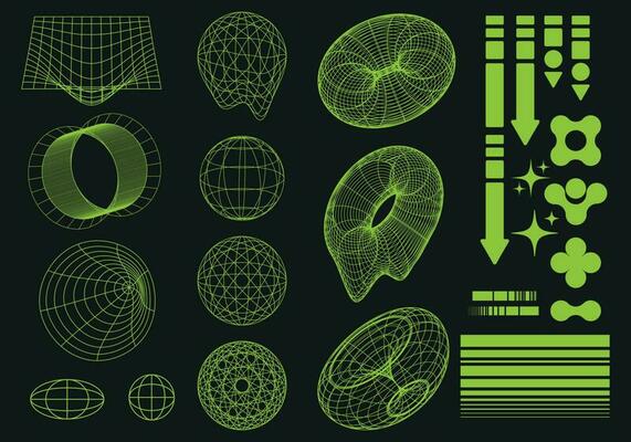 Retro futuristic 2000 style set in acid colors. Surreal geometric shapes, donuts, stars, patterns, perspective grids.