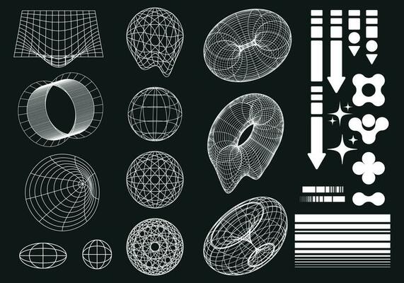 Retro futuristic 2000 style set. Surreal geometric shapes, donuts, stars, patterns, perspective grids.