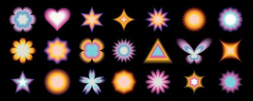 pegatinas con un borroso y2k efecto. moderno resumen formas, corazón, círculo, estrella, mariposa, flor. vector formas con fluidos de el 90- años 2000