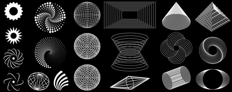 Set of Y2K bright geometric retro elements and shapes. Hipster graphic logos, icons, web design on black background. Science fiction series.