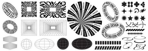 Retro-futuristic Y2K graphic icons. Grid, text, square, star, ray, donut with inscription, earth, planet, geometric shapes, unusual shapes of the 80s,90s,00-.x A set of y2k elements for graphic design vector