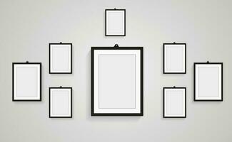 Groups of Realistic blank black picture frames with shadow collection isolated on the white wall, Set of modern poster frames mockup. Empty photo frame for art gallery or interior vector