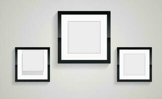 Three rectangles frame of picture in on wall art decorection design vector, groups of three black blank Realistic rectangle blank black picture frames with shadow collection vector