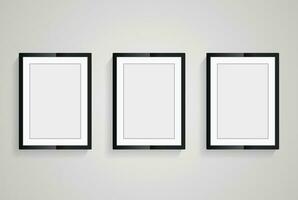 Three set of frame on white wall mock up design, three realistic frames vector for Interior Black Blank, and Wooden Poster Picture Frames Hanging on the wall