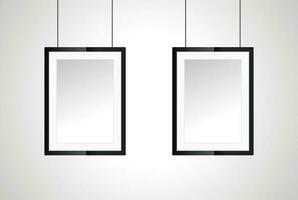 Two photo frame on white wall, in realistic vector for Interior Black Blank, Wooden Poster Picture Frames Hanging on the Ropes, Empty Poster Frames Design Template for Mockup