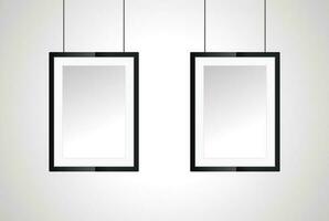 Two photo frame on white wall, in realistic vector for Interior Black Blank, Wooden Poster Picture Frames Hanging on the Ropes, Empty Poster Frames Design Template for Mockup