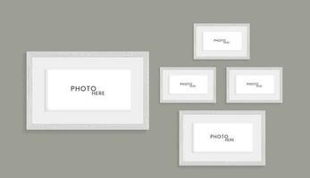 Set of grey wooden pattern of photo frames on isolated dark wall, uded in photo mock up vector illustration