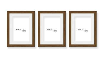 Three Wooden rectangle picture frames on isolated white surface wall vector illustration