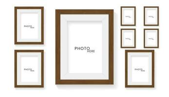 Set of Wooden rectangles light picture frame on a glossy white surface vector illustration