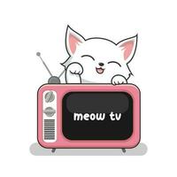 Cat and Old TV Vector - Cute White Pussy Cat Play on Television Cartoon