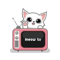 gato y antiguo televisión - linda blanco coño gato jugando encima televisión dibujos animados vector