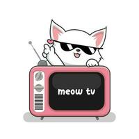 Cat and Old TV Illustration with Love Finger - Cute White Pussy Cat Above Television vector