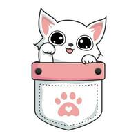 White Cat in Pocket Cartoon - Cute White Pussy Cat in Pouch - waving hand vector