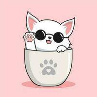 Cat in Mug with Round Glasses - Cute White Pussy Cat in Cups Mug Illustration vector